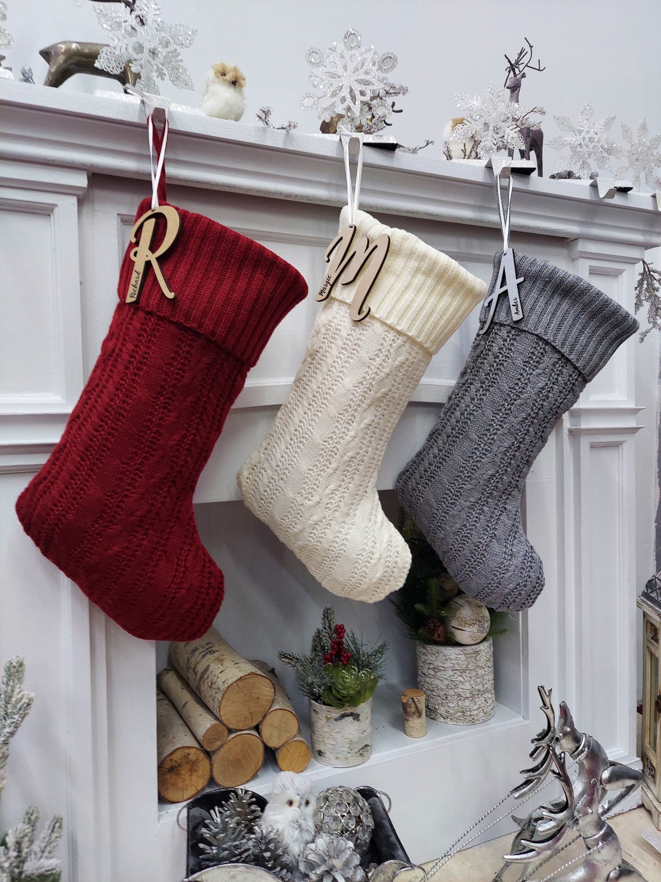 CHRISTMAS STOCKINGS Burgundy | Ivory | Grey | Cable Knit Christmas Stockings Personalized with Cutout Wood Name Tag Custom Embroidered Xmas Modern Decor