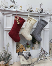 CHRISTMAS STOCKINGS Burgundy | Ivory | Grey | Cable Knit Christmas Stockings Personalized with Cutout Wood Name Tag Custom Embroidered Xmas Modern Decor