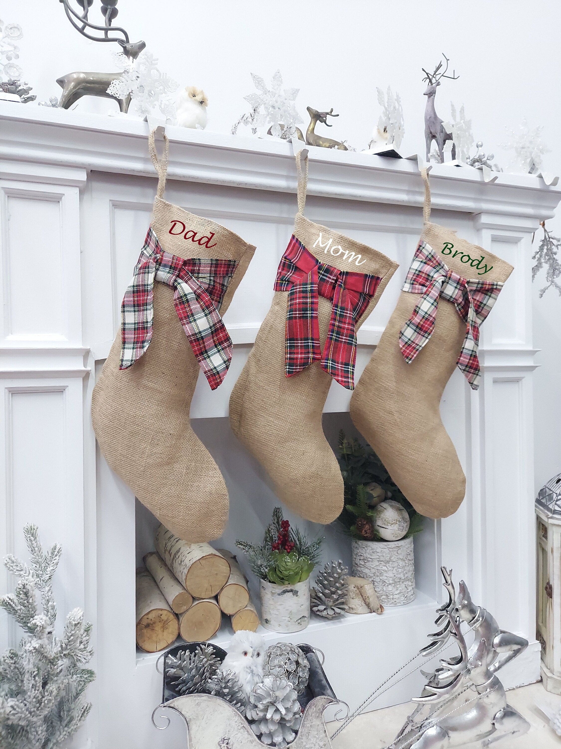 CHRISTMAS STOCKINGS Burlap with Tartan Bow Christmas Stocking | Natural Jute Fibers Plaid Gaelic Highlands Stewart Scottish  Rustic Farmhouse Xmas Decor