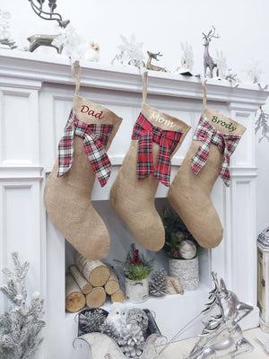 CHRISTMAS STOCKINGS Burlap with Tartan Bow Christmas Stocking | Natural Jute Fibers Plaid Gaelic Highlands Stewart Scottish  Rustic Farmhouse Xmas Decor