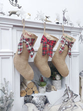 CHRISTMAS STOCKINGS Burlap with Tartan Bow Christmas Stocking | Natural Jute Fibers Plaid Gaelic Highlands Stewart Scottish  Rustic Farmhouse Xmas Decor
