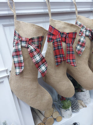 CHRISTMAS STOCKINGS Burlap with Tartan Bow Christmas Stocking | Natural Jute Fibers Plaid Gaelic Highlands Stewart Scottish  Rustic Farmhouse Xmas Decor