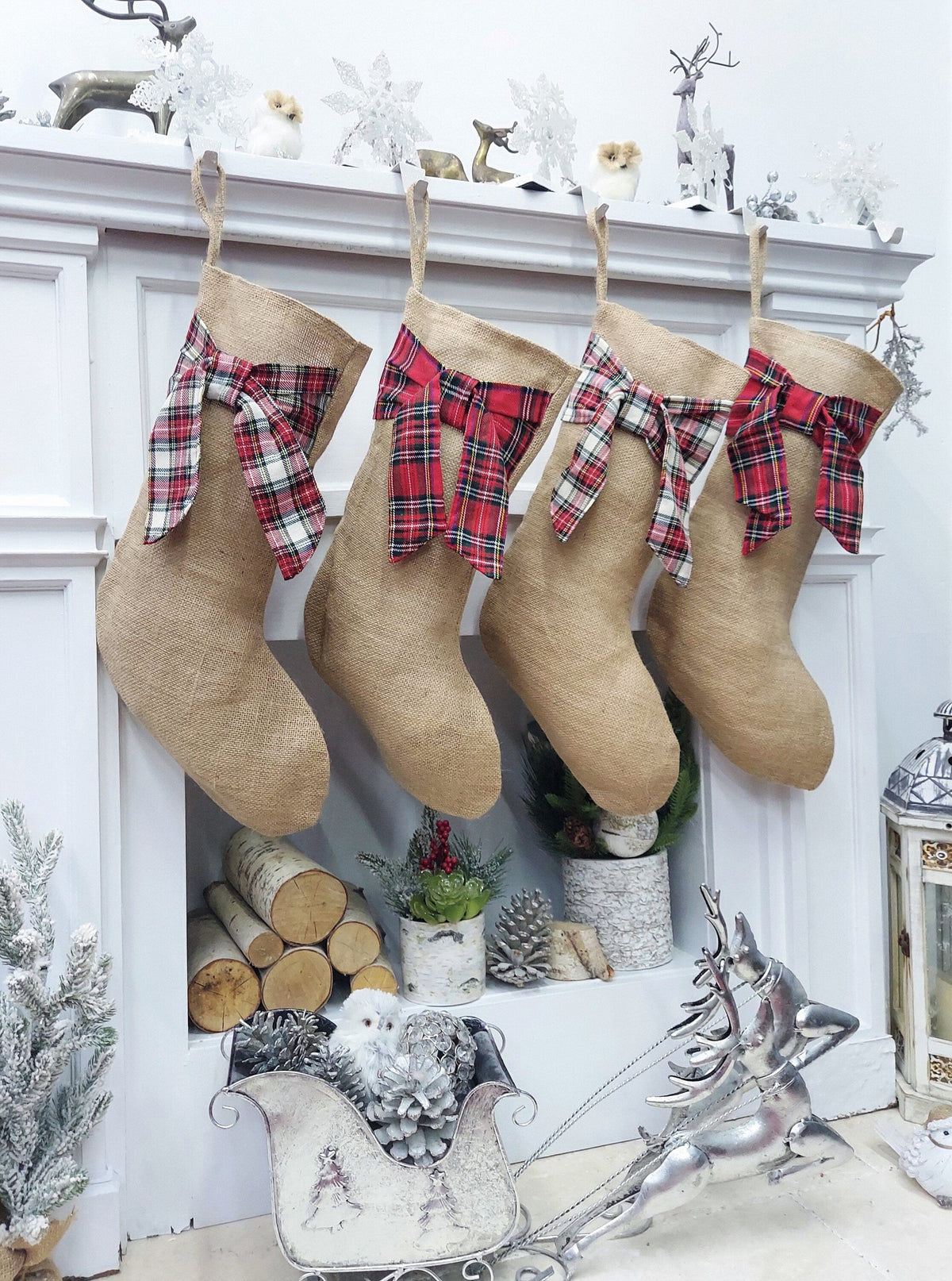 CHRISTMAS STOCKINGS Burlap with Tartan Bow Christmas Stocking | Natural Jute Fibers Plaid Gaelic Highlands Stewart Scottish  Rustic Farmhouse Xmas Decor