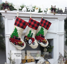 CHRISTMAS STOCKINGS Christmas Truck / Embroidery-Hand Red Christmas Truck Personalized Christmas Stockings Buffalo Plaid Cuff | Farm Tractor Farmhouse Tree Design | Trend Name Tags - Embroidery