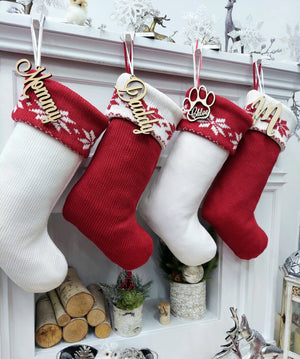 CHRISTMAS STOCKINGS Classic Red & White Knit Christmas Stockings | High Quality Premium Knit with Snowflakes Personalized with Wood Name Tag