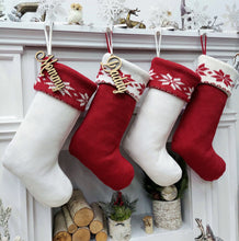 CHRISTMAS STOCKINGS Classic Red & White Knit Christmas Stockings | High Quality Premium Knit with Snowflakes Personalized with Wood Name Tag
