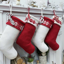 CHRISTMAS STOCKINGS Classic Red & White Knit Christmas Stockings | High Quality Premium Knit with Snowflakes Personalized with Wood Name Tag