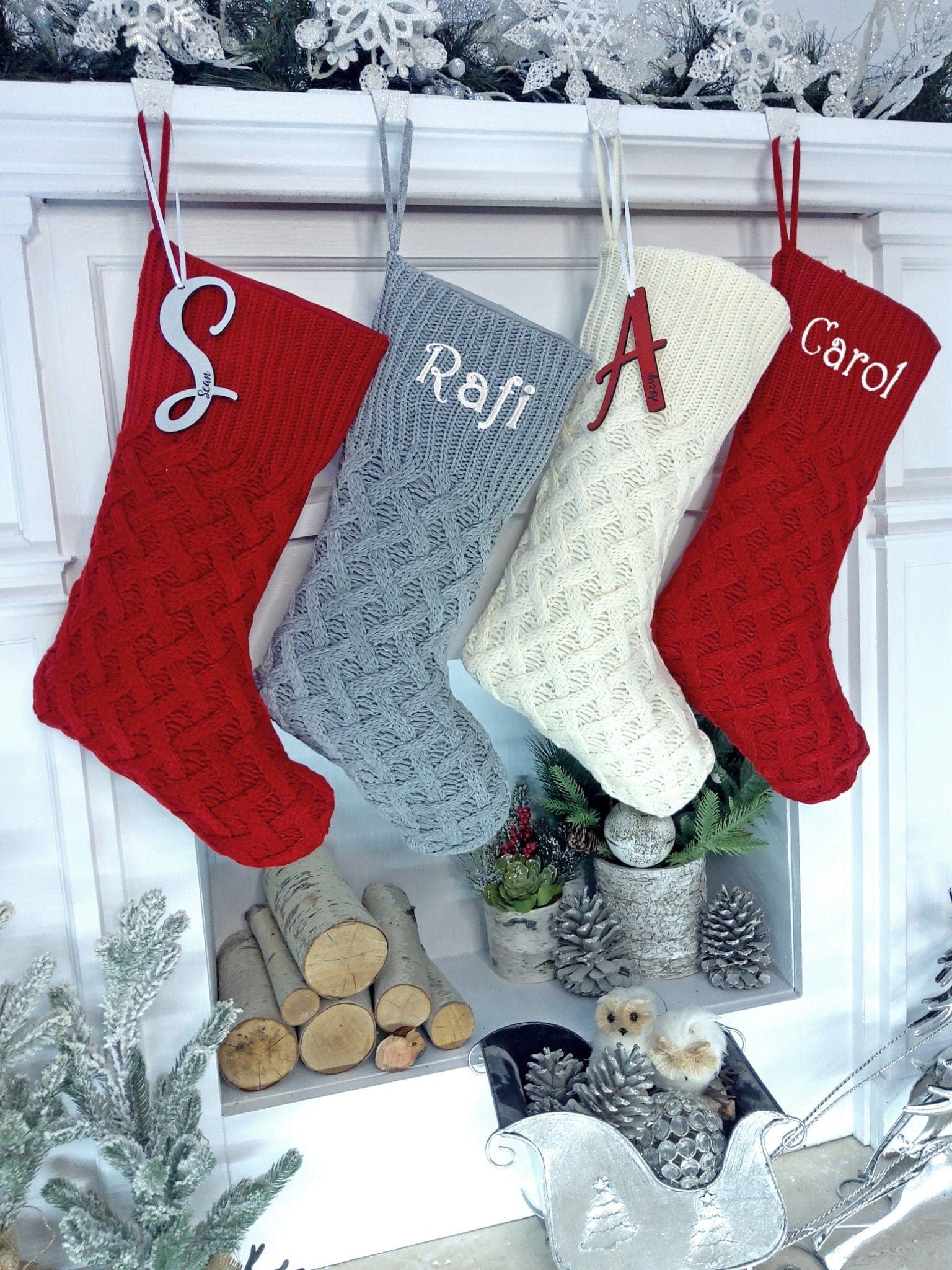 CHRISTMAS STOCKINGS Cozy Cable Knit Trellis Personalized Christmas Stocking Dark Red Grey Ivory Knitted Custom Embroidered Names