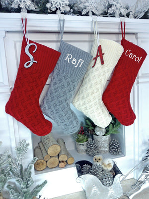 CHRISTMAS STOCKINGS Cozy Cable Knit Trellis Personalized Christmas Stocking Dark Red Grey Ivory Knitted Custom Embroidered Names