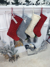 CHRISTMAS STOCKINGS Cozy Cable Knit Trellis Personalized Christmas Stocking Dark Red Grey Ivory Knitted Custom Embroidered Names