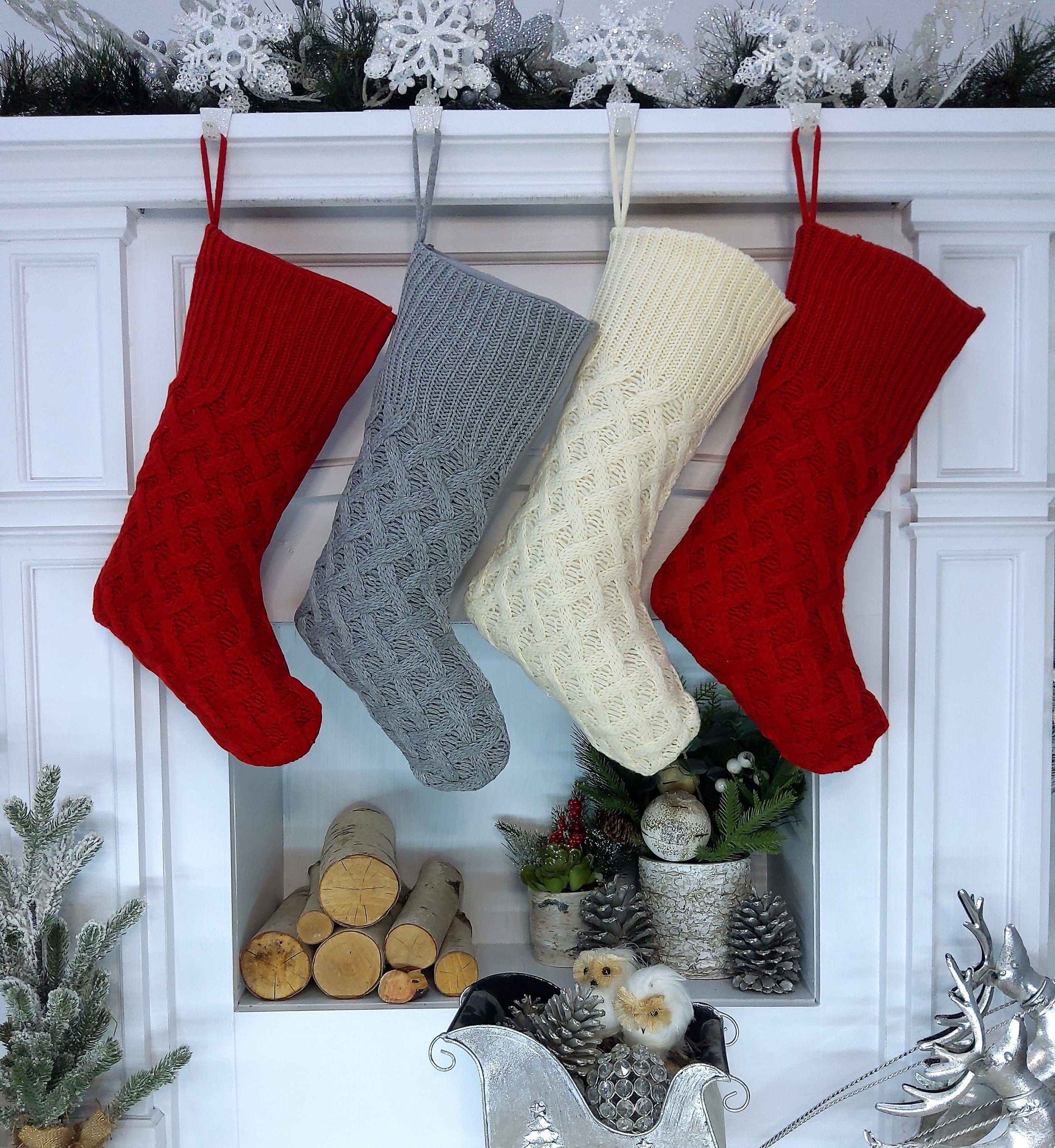 CHRISTMAS STOCKINGS Cozy Cable Knit Trellis Personalized Christmas Stocking Dark Red Grey Ivory Knitted Custom Embroidered Names