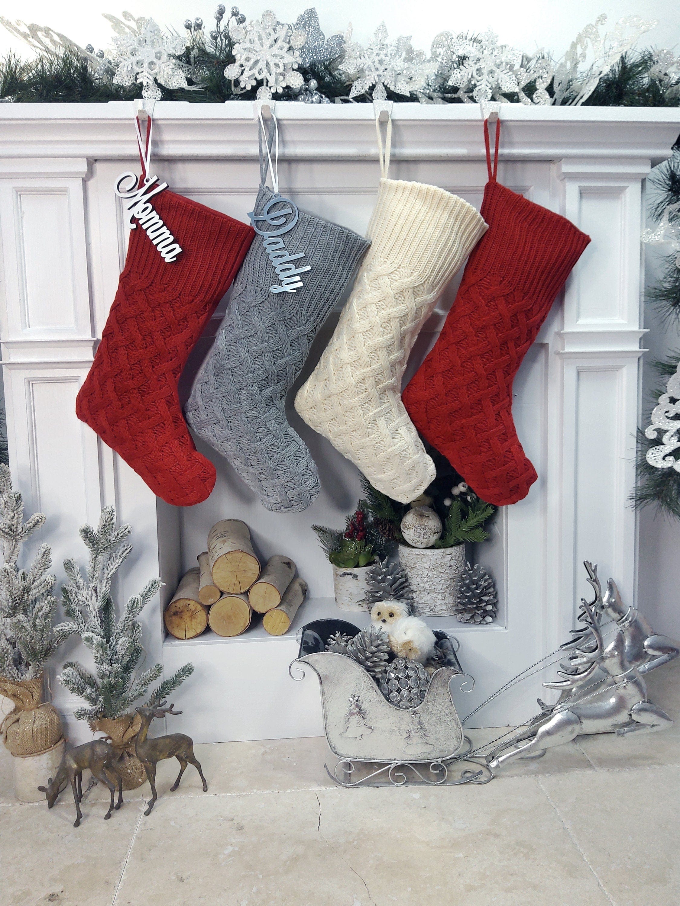 CHRISTMAS STOCKINGS Cozy Cable Knit Trellis Personalized Christmas Stocking Dark Red Grey Ivory Knitted Custom Embroidered Names