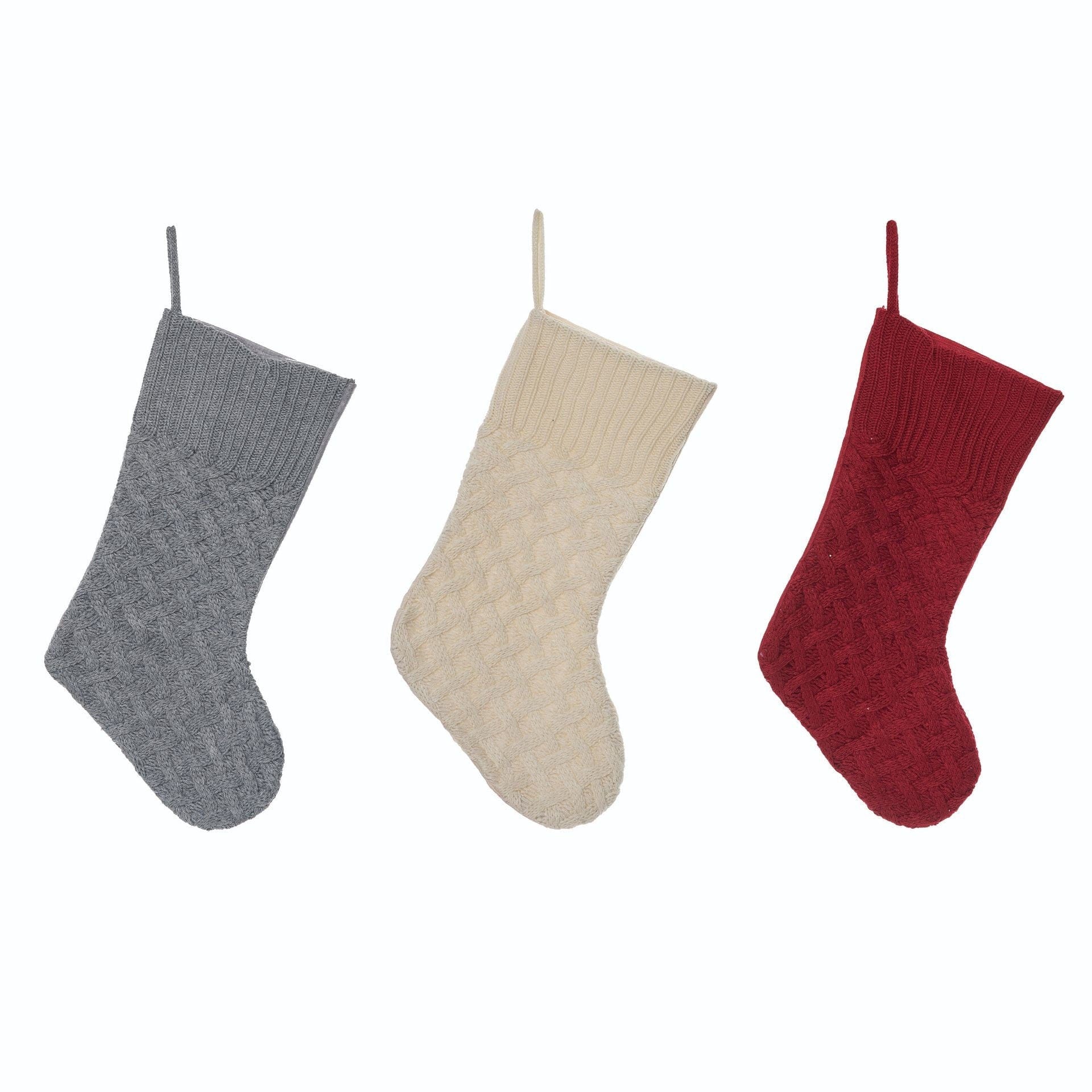 CHRISTMAS STOCKINGS Cozy Cable Knit Trellis Personalized Christmas Stocking Dark Red Grey Ivory Knitted Custom Embroidered Names
