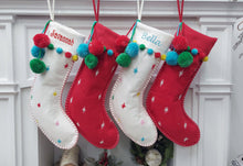 CHRISTMAS STOCKINGS Cute Boho Pom Pom Christmas Stockings Modern in Red White with Fun Dots Confetti Personalized with Name for Her, Girls or Family Holidays