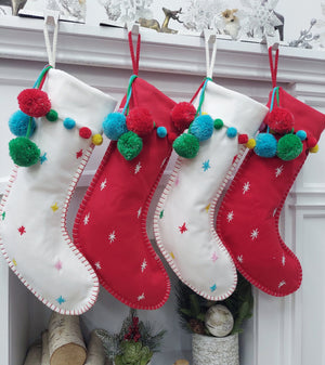 CHRISTMAS STOCKINGS Cute Boho Pom Pom Christmas Stockings Modern in Red White with Fun Dots Confetti Personalized with Name for Her, Girls or Family Holidays