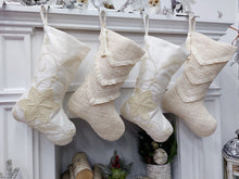 CHRISTMAS STOCKINGS Elegant Ivory Christmas Stockings | Beaded Pearls Textured Fringe Beautiful Detailed Holiday Decor Personalized Embroidered Name Tag