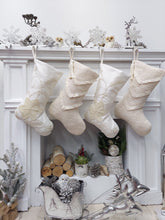 CHRISTMAS STOCKINGS Elegant Ivory Christmas Stockings | Beaded Pearls Textured Fringe Beautiful Detailed Holiday Decor Personalized Embroidered Name Tag