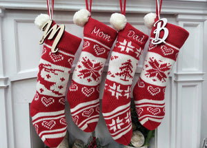 CHRISTMAS STOCKINGS Embroidered Red White Fair Isle Personalized 20" Knitted Christmas Stockings Intarsia Knit Modern Snowflake Reindeer Tree Pom Pom Kids Xmas