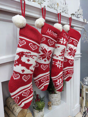 CHRISTMAS STOCKINGS Embroidered Red White Fair Isle Personalized 20" Knitted Christmas Stockings Intarsia Knit Modern Snowflake Reindeer Tree Pom Pom Kids Xmas