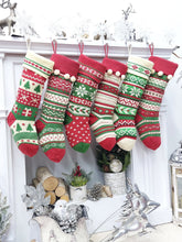 CHRISTMAS STOCKINGS Ivory/Red/Green Knitted Christmas Stockings | Snowflakes Presents Tree Traditional Festive Fun Xmas Decor Personalized Embroidered Name