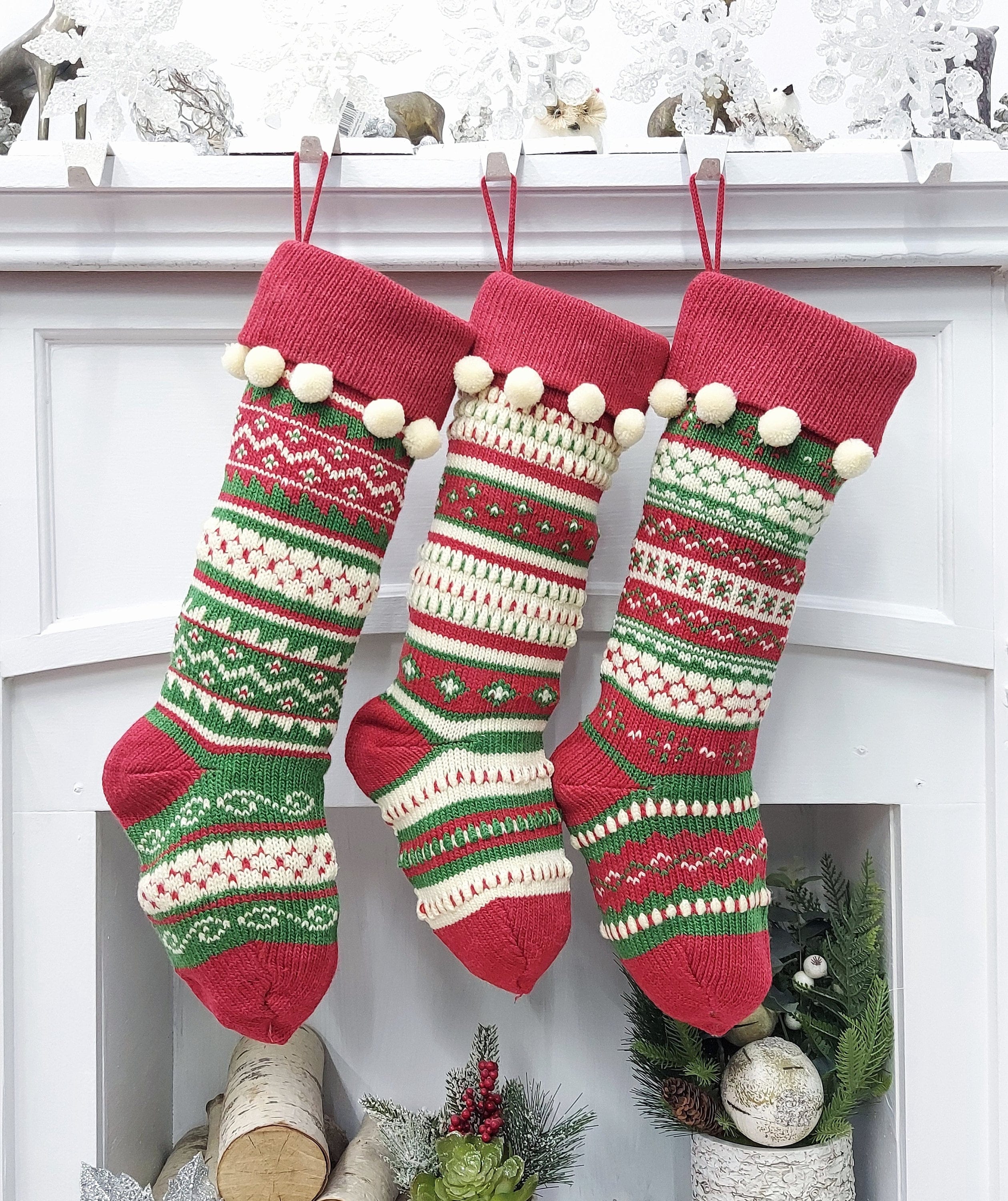 CHRISTMAS STOCKINGS Ivory/Red/Green Knitted Christmas Stockings | Snowflakes Presents Tree Traditional Festive Fun Xmas Decor Personalized Embroidered Name