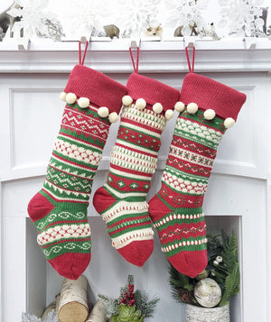 CHRISTMAS STOCKINGS Ivory/Red/Green Knitted Christmas Stockings | Snowflakes Presents Tree Traditional Festive Fun Xmas Decor Personalized Embroidered Name