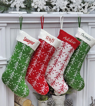 CHRISTMAS STOCKINGS Knitted Personalized Christmas Stocking White Red Green Knit Tree with Embroidered Names Family Set