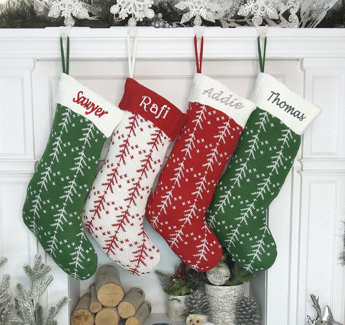 CHRISTMAS STOCKINGS Knitted Personalized Christmas Stocking White Red Green Knit Tree with Embroidered Names Family Set