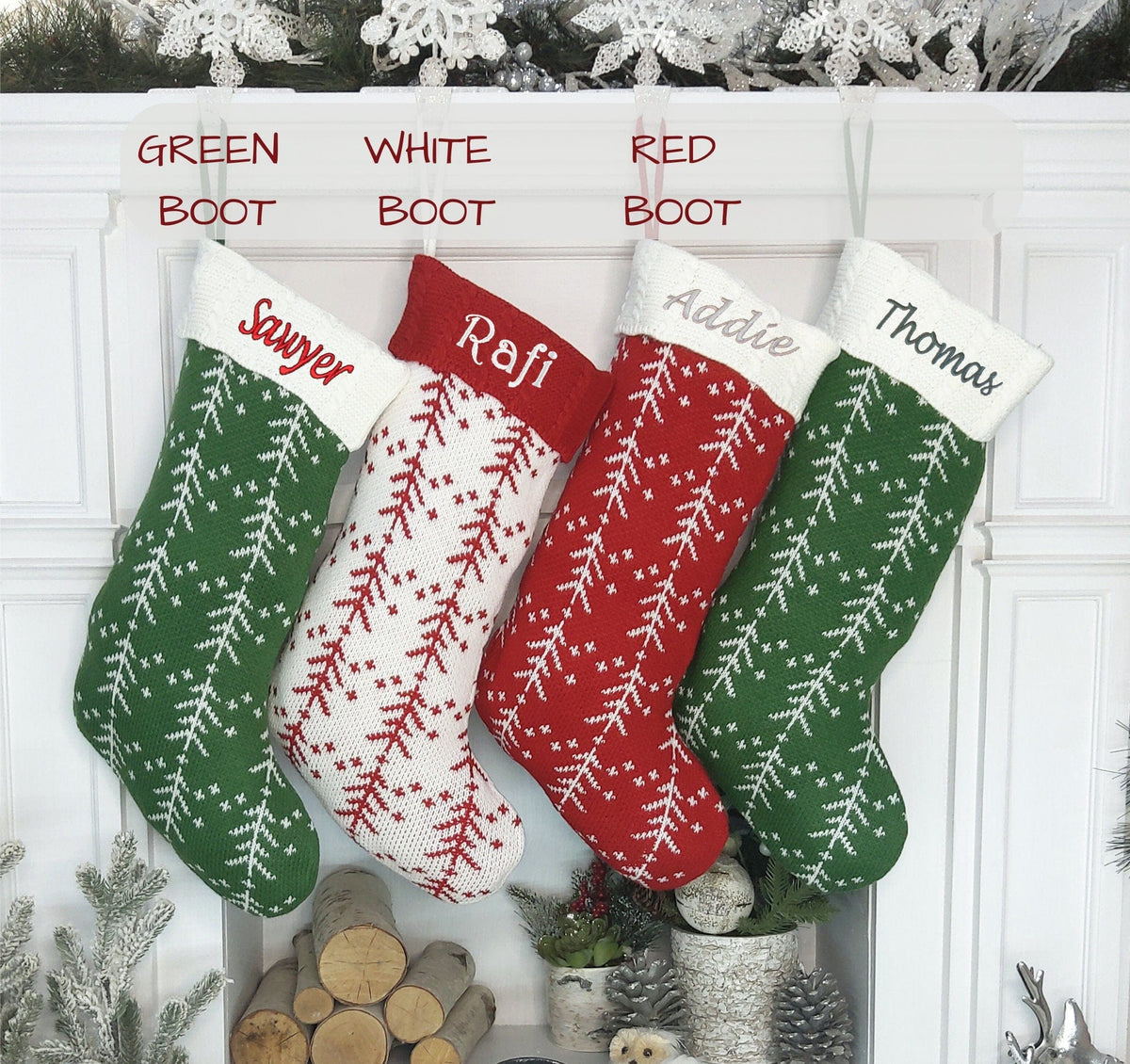CHRISTMAS STOCKINGS Knitted Personalized Christmas Stocking White Red Green Knit Tree with Embroidered Names Family Set