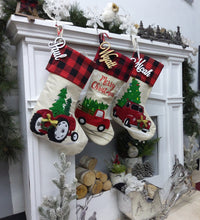 CHRISTMAS STOCKINGS MerryChristmas Truck / Embroidery-Hand Red Christmas Truck Personalized Christmas Stockings Buffalo Plaid Cuff | Farm Tractor Farmhouse Tree Design | Trend Name Tags - Embroidery