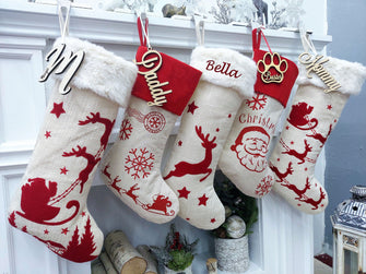 CHRISTMAS STOCKINGS Personalized Christmas Stocking w/ Velvet or Fur Cuff | Santa | Reindeer | Snowflakes | North Pole  Embroidery | Name Tag | Hanging Decor