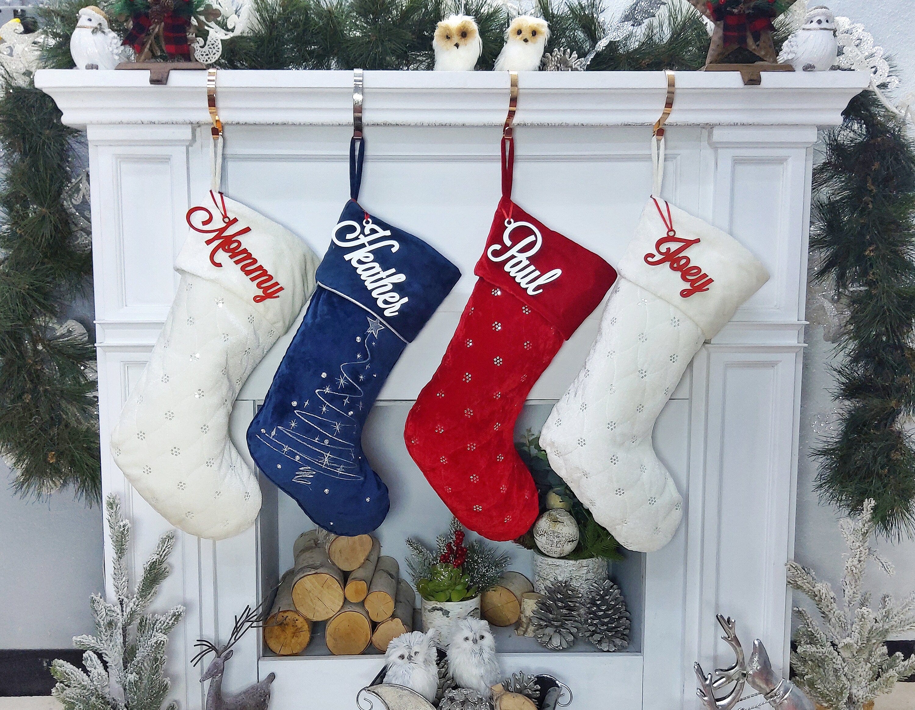 CHRISTMAS STOCKINGS Personalized Christmas Stockings - Blue White Red Velveteen 20" with sequins Christmas Stocking Embroidered with Names Velvet Stockings