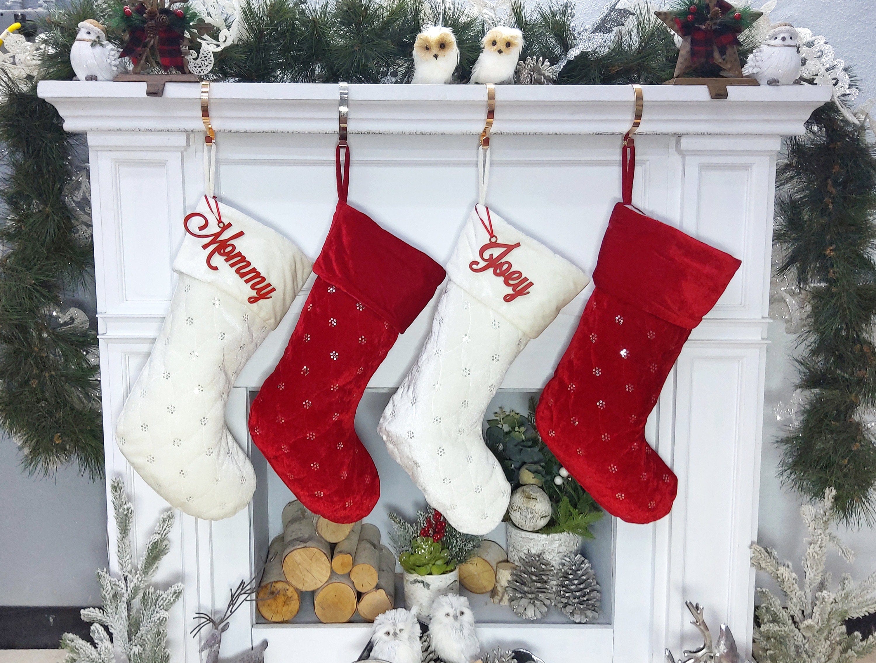 CHRISTMAS STOCKINGS Personalized Christmas Stockings - Blue White Red Velveteen 20" with sequins Christmas Stocking Embroidered with Names Velvet Stockings