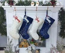 CHRISTMAS STOCKINGS Personalized Christmas Stockings - Blue White Red Velveteen 20" with sequins Christmas Stocking Embroidered with Names Velvet Stockings