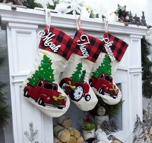 CHRISTMAS STOCKINGS Red Christmas Truck Personalized Christmas Stockings Buffalo Plaid Cuff | Farm Tractor Farmhouse Tree Design | Trend Name Tags - Embroidery
