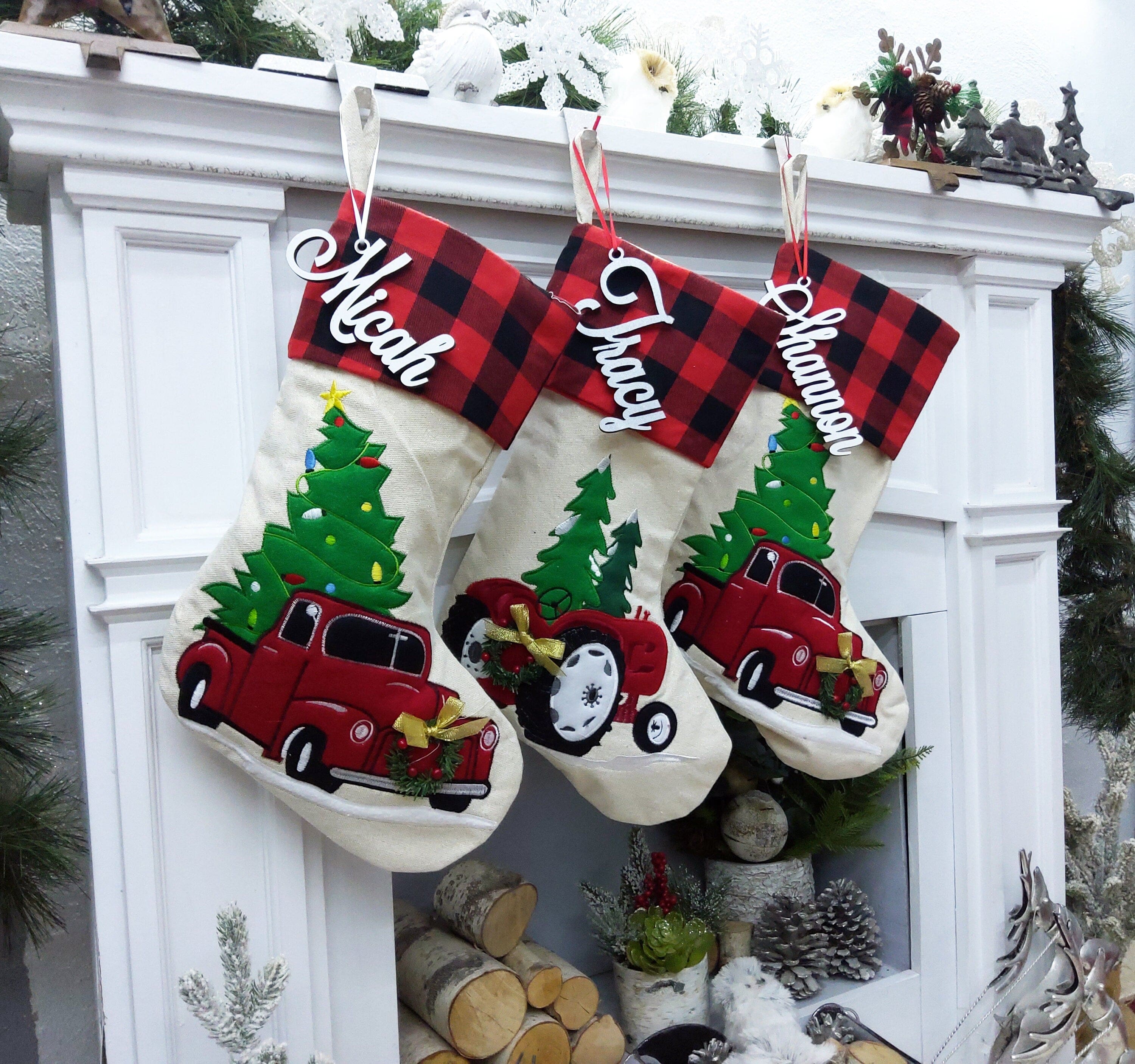 CHRISTMAS STOCKINGS Red Christmas Truck Personalized Christmas Stockings Buffalo Plaid Cuff | Farm Tractor Farmhouse Tree Design | Trend Name Tags - Embroidery