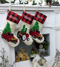 CHRISTMAS STOCKINGS Red Christmas Truck Personalized Christmas Stockings Buffalo Plaid Cuff | Farm Tractor Farmhouse Tree Design | Trend Name Tags - Embroidery