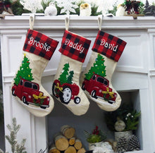 CHRISTMAS STOCKINGS Red Christmas Truck Personalized Christmas Stockings Buffalo Plaid Cuff | Farm Tractor Farmhouse Tree Design | Trend Name Tags - Embroidery