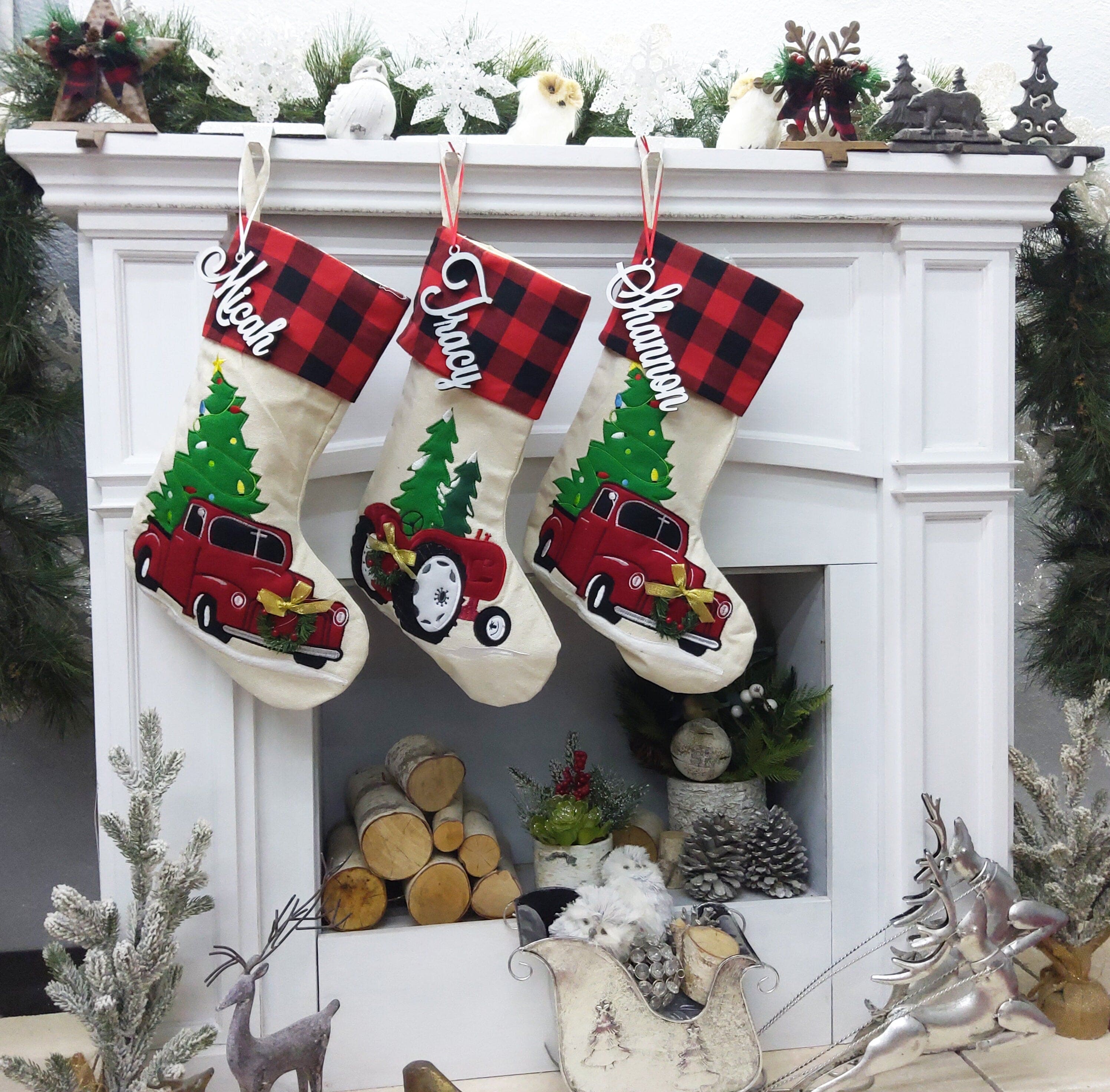 CHRISTMAS STOCKINGS Red Christmas Truck Personalized Christmas Stockings Buffalo Plaid Cuff | Farm Tractor Farmhouse Tree Design | Trend Name Tags - Embroidery