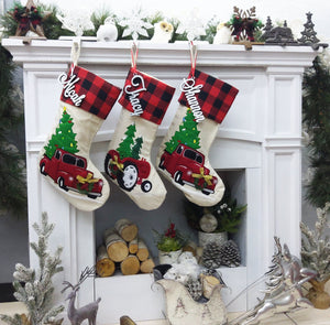CHRISTMAS STOCKINGS Red Christmas Truck Personalized Christmas Stockings Buffalo Plaid Cuff | Farm Tractor Farmhouse Tree Design | Trend Name Tags - Embroidery