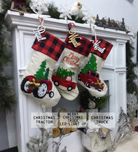 CHRISTMAS STOCKINGS Red Christmas Truck Personalized Christmas Stockings Buffalo Plaid Cuff | Farm Tractor Farmhouse Tree Design | Trend Name Tags - Embroidery