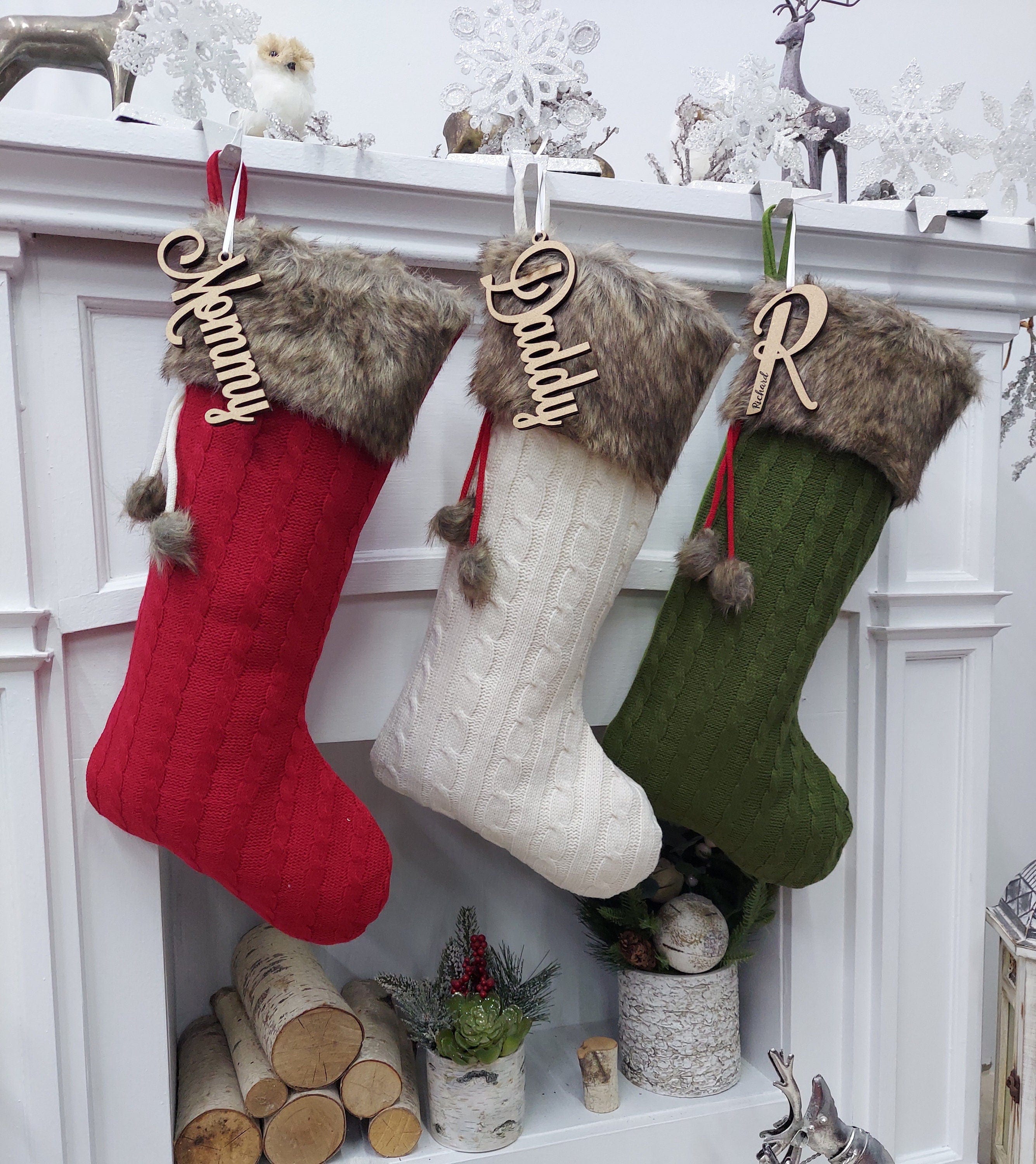 CHRISTMAS STOCKINGS Red | Ivory | Olive | Cable Knit Christmas Stockings | Faux Fur Pom Poms Personalized  Wood Name Tag Custom Embroidered Xmas Modern Decor