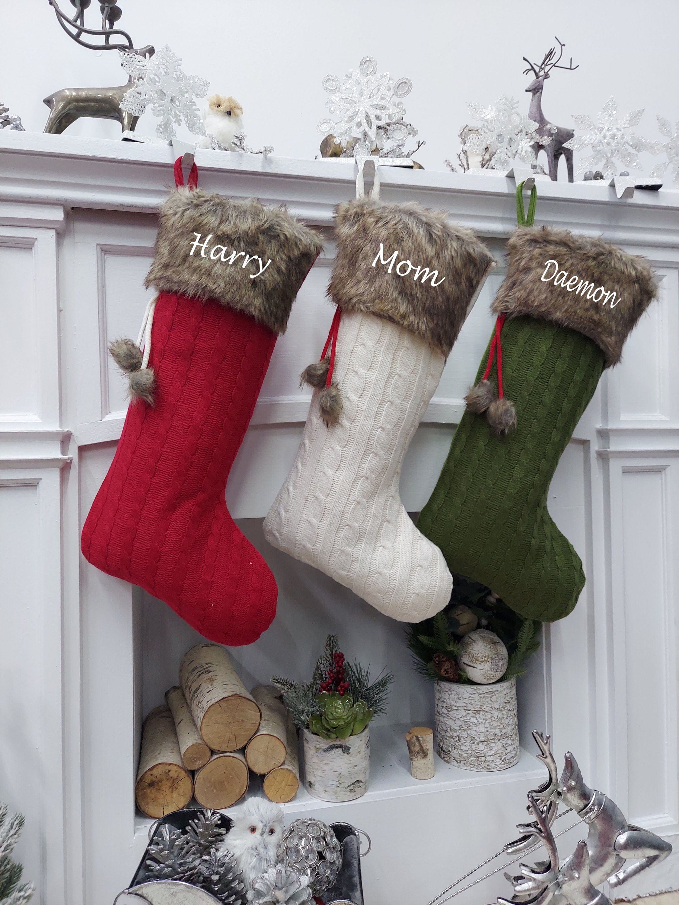 CHRISTMAS STOCKINGS Red | Ivory | Olive | Cable Knit Christmas Stockings | Faux Fur Pom Poms Personalized  Wood Name Tag Custom Embroidered Xmas Modern Decor