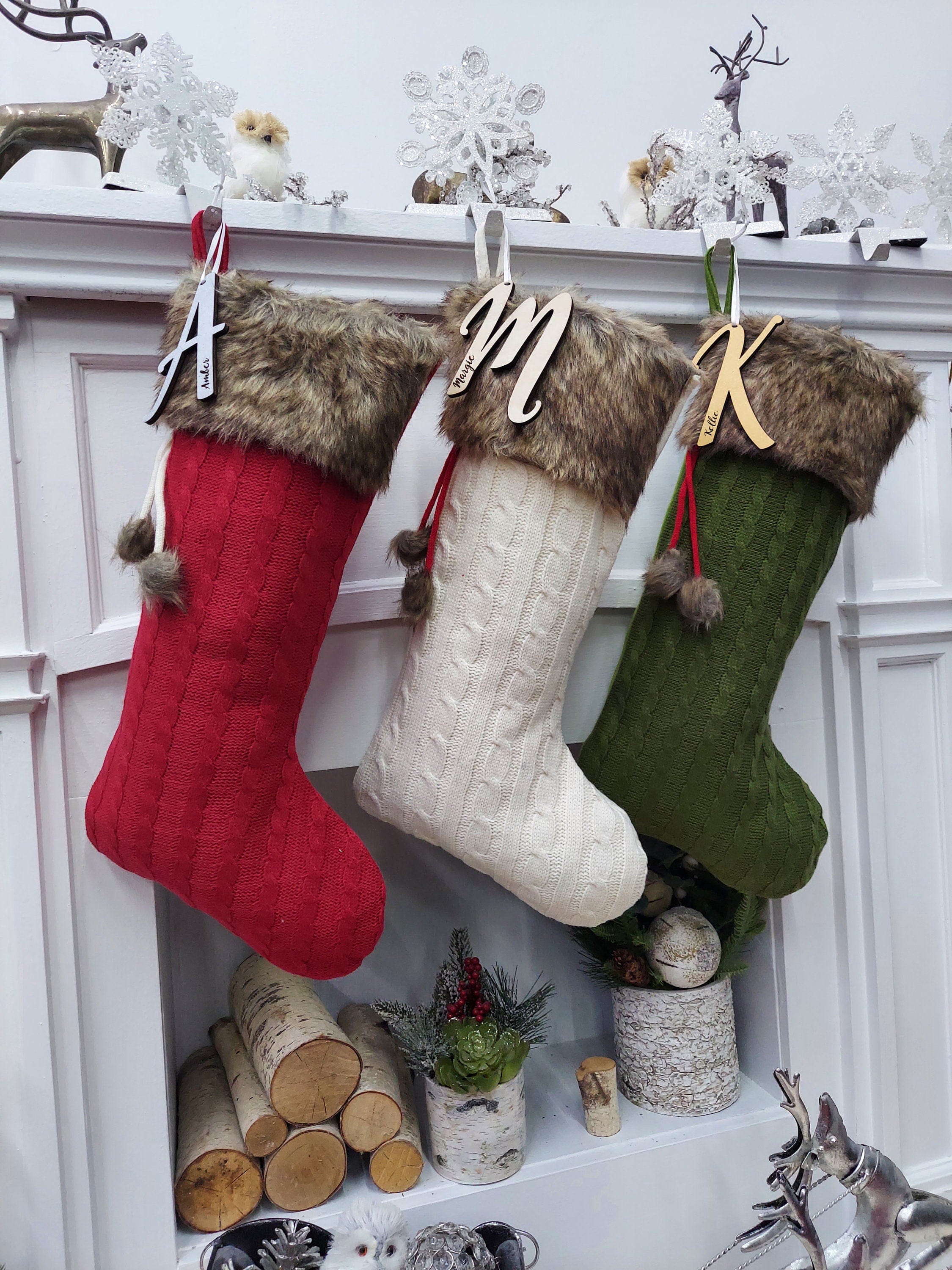 CHRISTMAS STOCKINGS Red | Ivory | Olive | Cable Knit Christmas Stockings | Faux Fur Pom Poms Personalized  Wood Name Tag Custom Embroidered Xmas Modern Decor