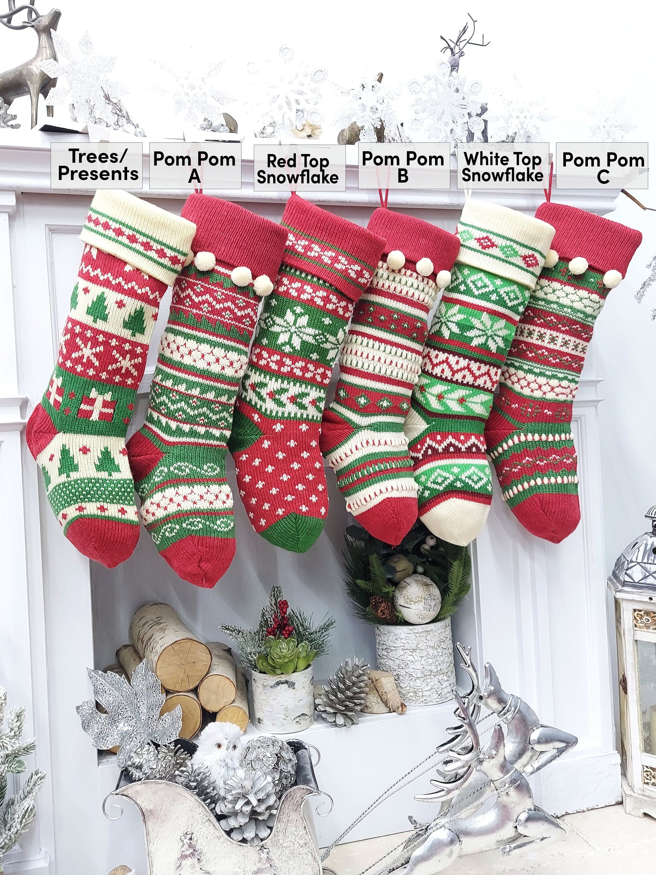 CHRISTMAS STOCKINGS Red Top Snowflake / Christmas Block Ivory/Red/Green Knitted Christmas Stockings | Snowflakes Presents Tree Traditional Festive Fun Xmas Decor Personalized Embroidered Name
