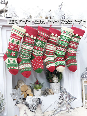 CHRISTMAS STOCKINGS Red Top Snowflake / Christmas Block Ivory/Red/Green Knitted Christmas Stockings | Snowflakes Presents Tree Traditional Festive Fun Xmas Decor Personalized Embroidered Name