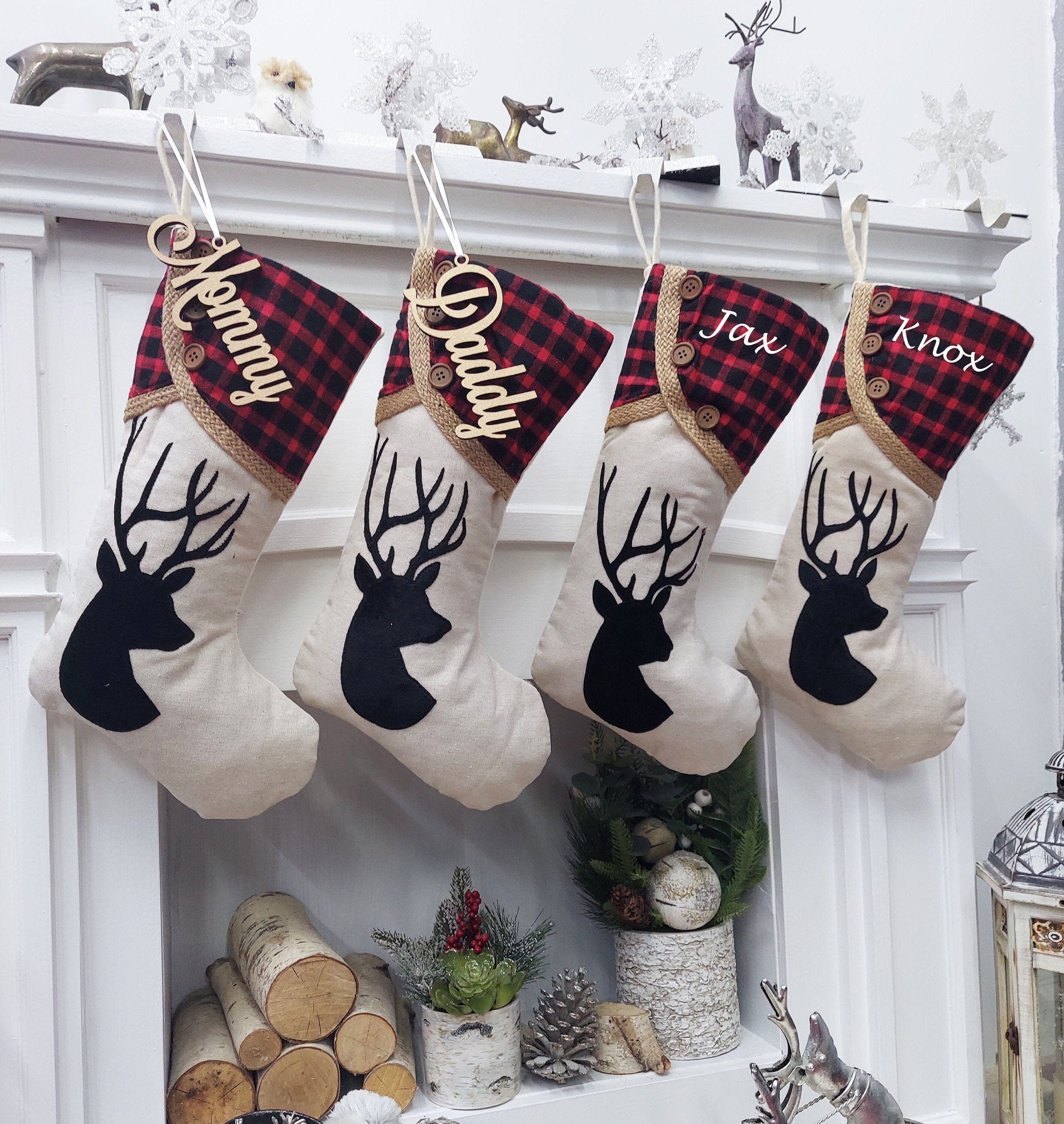 CHRISTMAS STOCKINGS Rustic Deer Buffalo Plaid Christmas Stocking | Natural Burlap Jute Fiber Buttons  Farmhouse Country Ranch Style Decor Personalized Name Tag