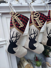 CHRISTMAS STOCKINGS Rustic Deer Buffalo Plaid Christmas Stocking | Natural Burlap Jute Fiber Buttons  Farmhouse Country Ranch Style Decor Personalized Name Tag
