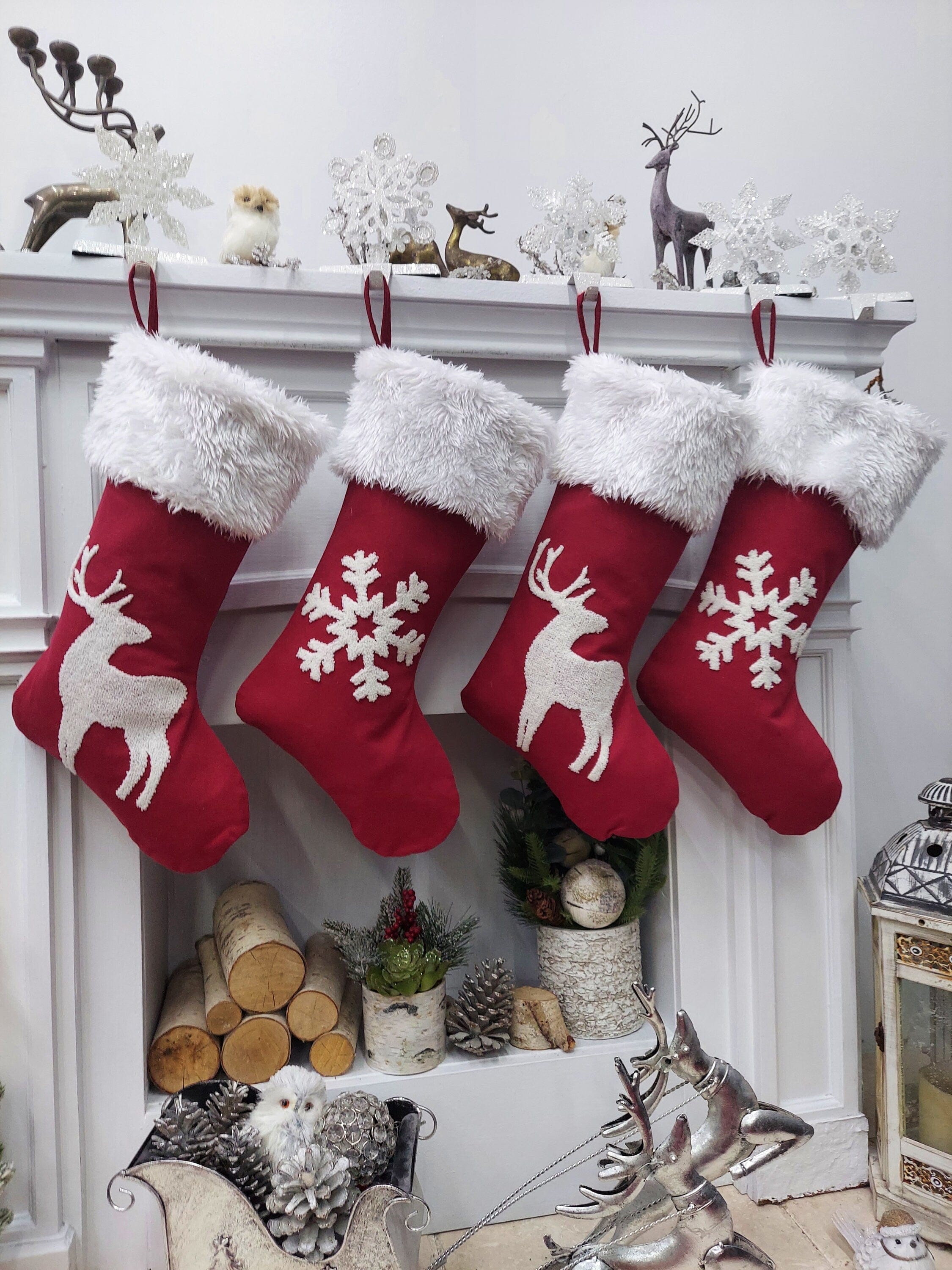 CHRISTMAS STOCKINGS Scandi Personalized Christmas Stockings Red White Snowflake and Deer with elegant yet simple texture for Holidays.