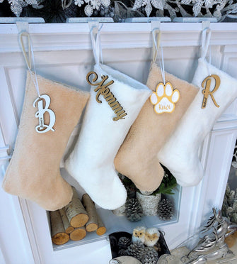 CHRISTMAS STOCKINGS Teddy Sherpa Christmas Stocking Boho Neutral Personalized Initial Dog Paw Name Tag or Embroidered  Ivory Blush Christmas Family Stockings